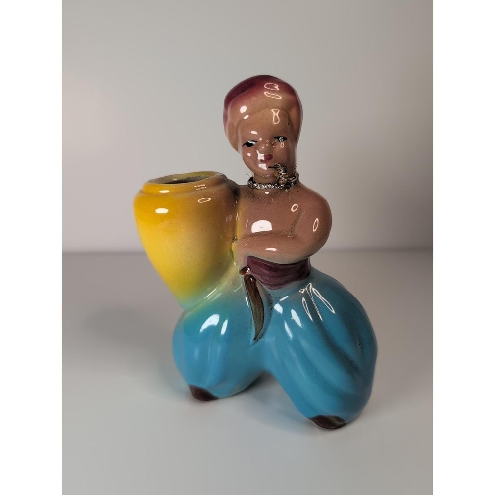 Vintage Mid-Century 1940s '50s Arabian Boy Man Adorned Planter Glazed Pottery‎